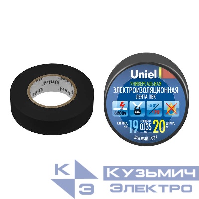Лента изоляционная 0.135х19мм 20м UIT-135P 20/19/01 BLK черн. Uniel 04478
