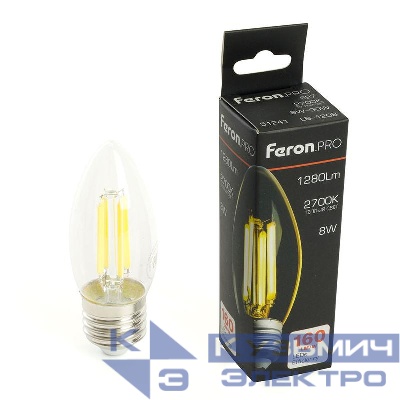 Лампа светодиодная LB-1208 8Вт C35 свеча прозрачная 2700К E27 1280лм 175-265В FERON 51241