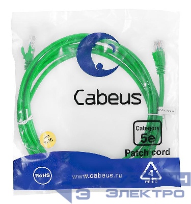Патч-корд U/UTP кат.5E PC-UTP-RJ45-Cat.5e-3m-GN 2xRJ45/8p8c неэкранир. PVC 3м зел. Cabeus 7456c