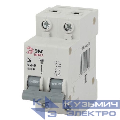 Выключатель автоматический модульный 2п C 6А 4.5кА ВА 47-29 SIMPLE-mod-10 ЭРА Б0039227