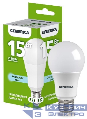 Лампа светодиодная A60 15Вт грушевидная 6500К E27 230В GENERICA LL-A60-15-230-65-E27-G