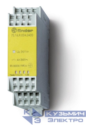 Реле безопасности модульное электромеханич. (реле с принудительным управлением контактами) 4NO+2NC 6А AgNi+Au 24В DC безвинт. клеммы 22.5мм IP54 FINDER 7S1690245420