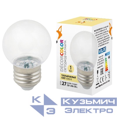 Лампа светодиодная декоративная LED-G45-1W/3000K/E27/CL/С "шар" прозр. теплый бел. свет (3000К) картон Volpe UL-00005807