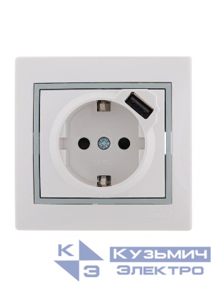 Розетка 1-м СП Mira 16А с заземл. + USB разъем с сер. вставкой бел. LEZARD 701-0215-181