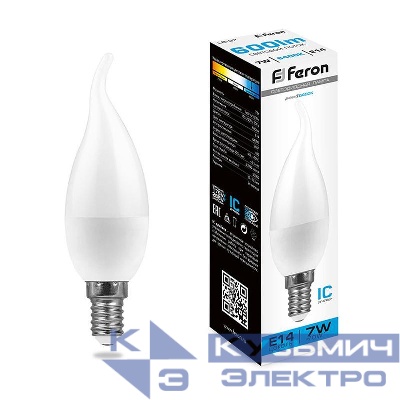 Лампа светодиодная LB-97 7Вт C37T свеча на ветру 6400К E14 230В FERON 38135