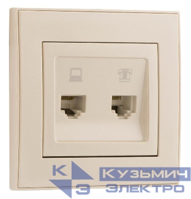 Розетка компьютерная + телефонная 2-м СП Rain RJ45 + RJ11 жемчуж./бел. перламутр. LEZARD 703-3030-143