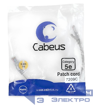 Патч-корд U/UTP кат.5E PC-UTP-RJ45-Cat.5e-0.3m 2xRJ45/8p8c неэкранир. PVC 0.3м сер. Cabeus 7209c