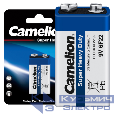 Элемент питания солевой "крона" 6F22-BP1B BL-1 син. (блист.1шт) Camelion 3218