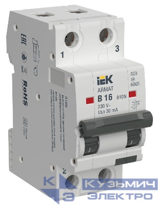 Выключатель автоматический дифференциального тока 2п B 16А 30мА тип A АВДТ B10N электромеханич. ARMAT IEK AR-B10N-2-B016A030