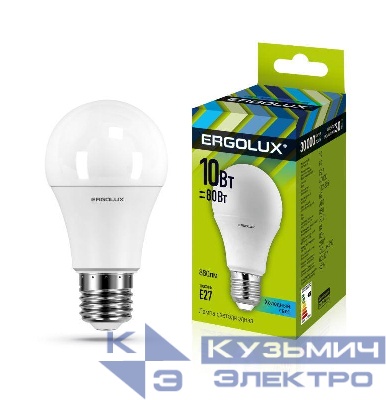 Лампа светодиодная LED-A60-10W-E27-4500K 10Вт грушевидная 4500К бел. E27 180-240В ЛОН Ergolux 12149