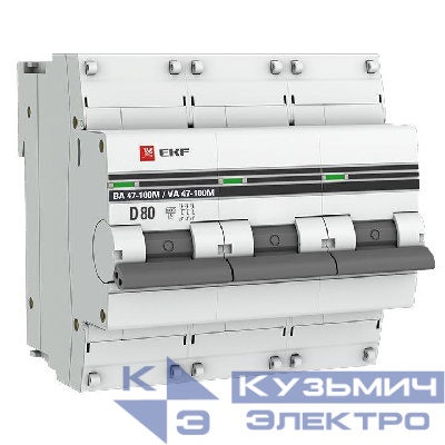Выключатель автоматический модульный 3п D 80А 10кА ВА 47-100M электромагнит. расцеп. PROxima EKF mcb47100m-3-80D-pro