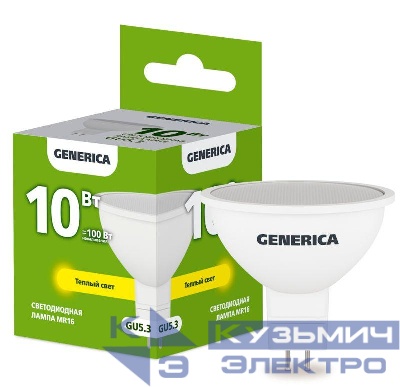 Лампа светодиодная MR16 10Вт софит 3000К GU5.3 230В GENERICA LL-MR16-10-230-30-GU5-G