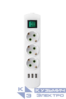 Колодка 3-м с заземл. Letitia с выкл. с USB разъемом LEZARD 721-0300-302U