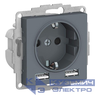 Розетка 1-м СП AtlasDesign 16А IP20 с 2-мя заряд. устройствами USB тип A+A 5В/2.4А 2х5В/1.2А механизм грифель SE ATN000730