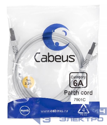 Патч-корд S/FTP кат.6A PC-SSTP-RJ45-Cat.6a-1m-LSZH 2xRJ45/8p8c экранир. LSZH (10G) 1м сер. Cabeus 7901c