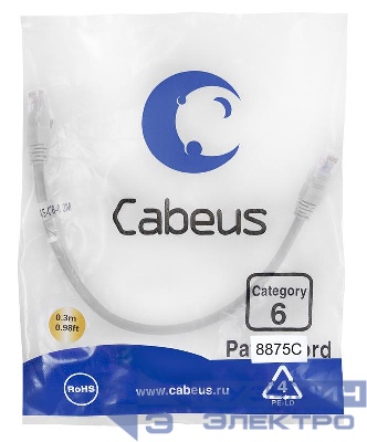 Патч-корд U/UTP кат.6 PC-UTP-RJ45-Cat.6-0.3m-LSZH 2xRJ45/8p8c неэкранир. LSZH 0.3м сер. Cabeus 8875c