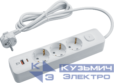 Удлинитель 3х5м USB-C + USB-A с заземл. с выкл.16А IP20 95 689 NPE-USB06-03-500-ESC-3X1-PD20W бел. NAVIGATOR 95689
