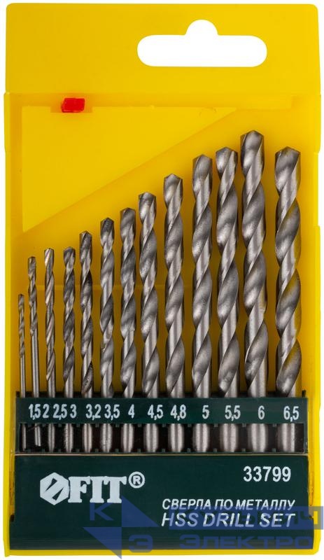 Набор сверл по металлу HSS полированных 13шт (1.5-2-2.5-3-3.2-3.5-4-4.5-4.8-5-5.5-6-6.5мм) FIT 33799