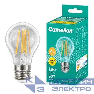 Лампа светодиодная филаментная LED13-A60-FL/830/E27 12Вт 220В Camelion 13716