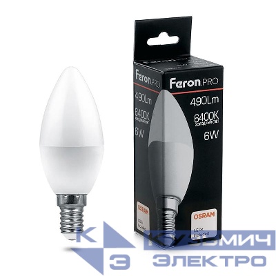 Лампа светодиодная LB-1306 6Вт C37 свеча 6400К E14 230В FERON 38046