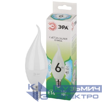 Лампа светодиодная GREEN LINE BXS-6W-840-E14 GL 6Вт свеча на ветру 4000К яркий свет бел. E14 Эра Б0067131