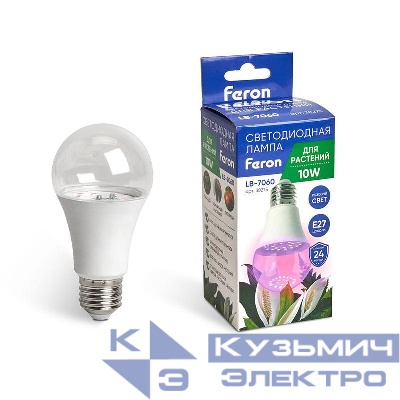 Лампа светодиодная LB-7060 10Вт А60 грушевидная E27 230В для растений красн./син. спектр FERON 38275