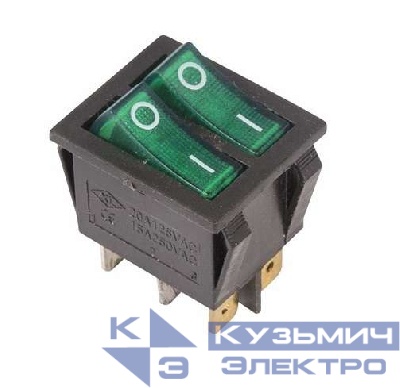 Выключатель клавишный 250В 15А (6с) ON-OFF зел. с подсветкой ДВОЙНОЙ (RWB-511 SC-797) Rexant 36-2412