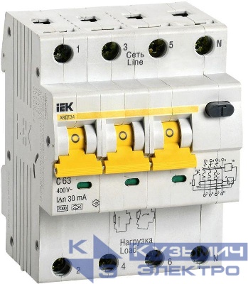 Выключатель автоматический дифференциального тока 4п C 63А 30мА тип A 6кА АВДТ-34 KARAT IEK MAD22-6-063-C-30