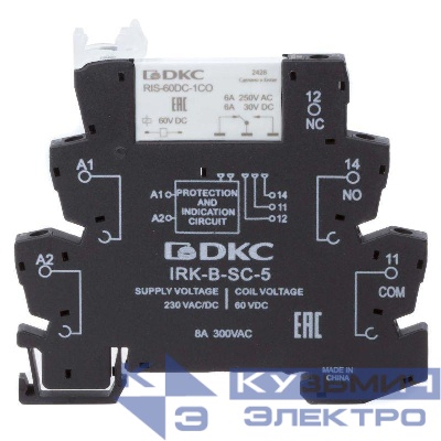 Реле интерфейсное 1CO ком. ток 6А AgSnO2 напряжение 230В AC/DC винтовые клеммы DKC IRK-230UC-1CO