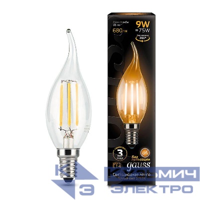 Лампа светодиодная филаментная Black Filament 9Вт свеча на ветру 2700К тепл. бел. E14 680лм GAUSS 104801109