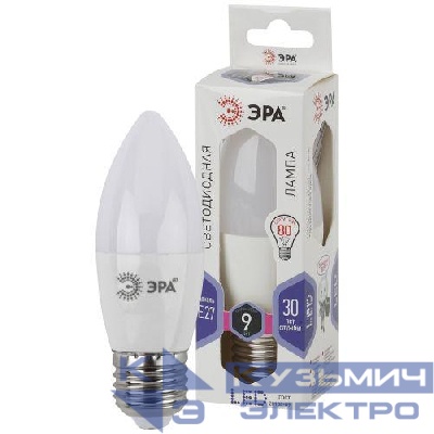 Лампа светодиодная B35-9W-860-E27 свеча 720лм ЭРА Б0031410