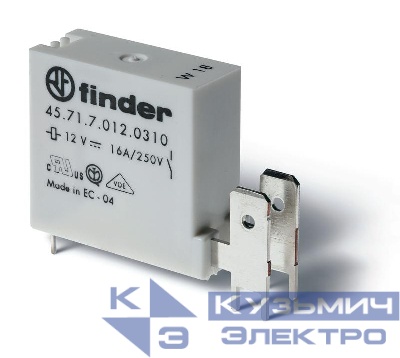 Реле низкопрофильное миниатюрное электромеханич. монтаж на печатную плату выводы с шагом 5мм + Faston 250(6.3х0.8мм) 1NC 16А AgCdO 24В DC (чувствит.) RTII FINDER 457170240410