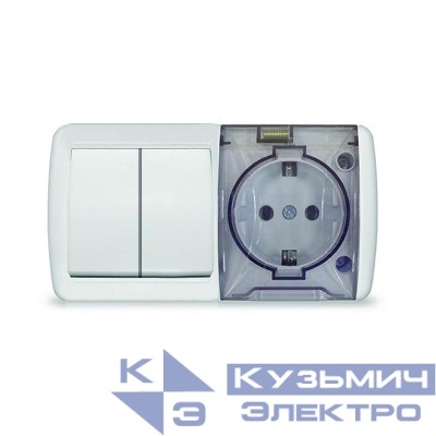 Блок ОП Клио 2-кл. выкл. 10А + розетка 1-м 16А 250В с заземл. с прозр. крышкой бел. Universal К2239