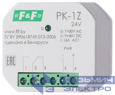 Реле промежуточное PK-1Z/24 7-30 AC 9-40 DC 16А для установки в монтажную коробку d60мм 1NO/NC IP20 F&F EA06.001.046