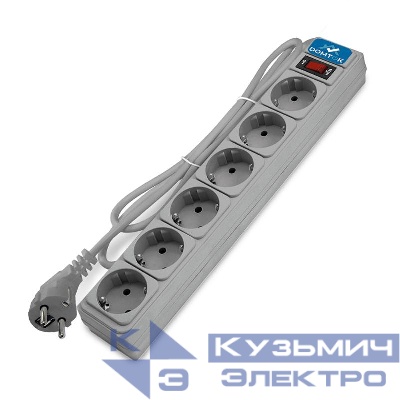 Удлинитель с сетевым фильтром 6х3м с заземл 10А IP20 2.2кВт ПВС 3х1 с выкл. сер. DOMTOK 2519