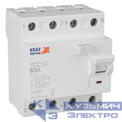 Выключатель дифференциального тока (УЗО) 4п 63А 100мА тип AC 4.5кА OptiDin DM63-4363 УХЛ4 КЭАЗ 343899