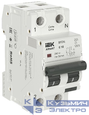 Выключатель автоматический дифференциального тока 2п (1P+NP) C 10 30мА тип A АВДТ B10N 36мм ARMAT IEK AR-B10N-1N-C010A030
