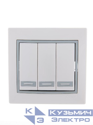Выключатель 3-кл. СП Mira 10А IP20 с сер. вставкой бел. LEZARD 701-0215-109