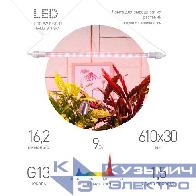 Светильник FITO-9W-Rа90-Т8+FITO-Holder IP65 2хG13 линейный для растений с выключателем 1.5м Эра Б0069516