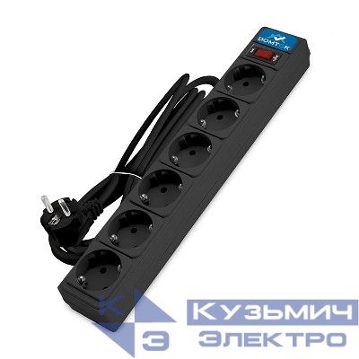 Удлинитель с сетевым фильтром 6х3м с заземл 10А IP20 2.2кВт ПВС 3х1 с выкл. черн. DOMTOK 2522