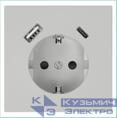 Розетка СП FD Shuko 16А с заземл. защ. шторки с 2-мя заряд. устр. USB тип A+C 25Вт механизм тауп матов. soft touch Jasmart FD5501USB-25PTM