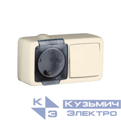 Блок 2-м розетка без защ. шторок с заземл. 16А + выкл. 1-кл. IP44 сл. кость HEGEL БА16-211-01