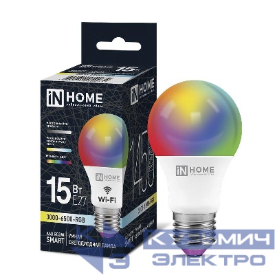 Лампа светодиодная LED-A60-RGBW-SMART 15Вт 3000-6500К E27 1450лм 230В димм. IN HOME 4690612050034