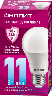 Лампа светодиодная 90 400 OLL-A55-11-230-6.5K-E27 11Вт грушевидная 6500К E27 90-240В PRO ОНЛАЙТ 90400