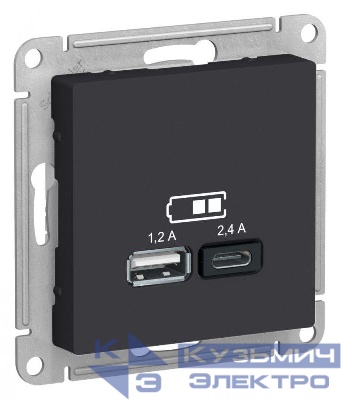 Розетка USB AtlasDesign тип A+C 5В/2.4А 2х5В/1.2А механизм карбон SE ATN001039