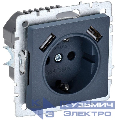 Розетка BRITE РЮш10-1-БрМ 16А с USB A+A 2.1А с заземл. защ. шторки механизм маренго IEK BR-R14-16-U21-D21-K35