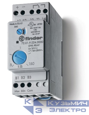 Реле контроля уровня настраиваемый диапазон чувствительности 5…150кОм 400В AC выход 1CO 16А модульное 35мм IP20 FINDER 720184000000