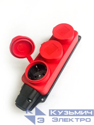 Колодка удлинителя 3-м 16А IP44 с заземл. каучук красн. КОСМОС KKsm-3g-Z-IP(R)16A