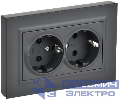 Розетка 2-м СП BRITE РСшПл12-3-БрГ 16А в сборе с заземл. защ. шторки плоская графит IEK BR-R28-16-K53-F