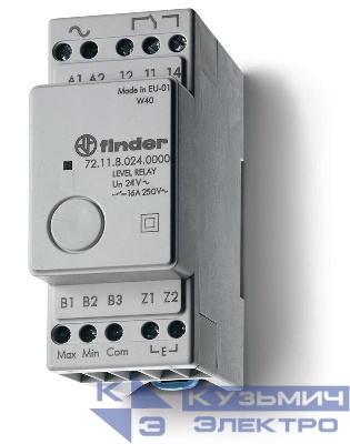 Реле контроля уровня фиксированный диапазон чувствительности 150кОм 24В DC выход 1CO 16А модульное 35мм IP20 FINDER 721190240000